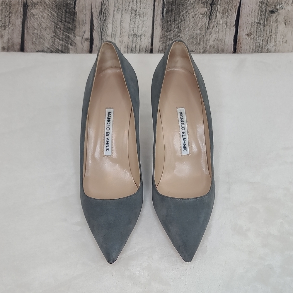 Manolo Blahnik Classic BB Kid Suede Leather 70mm Stiletto Pumps Gray EU40/US10